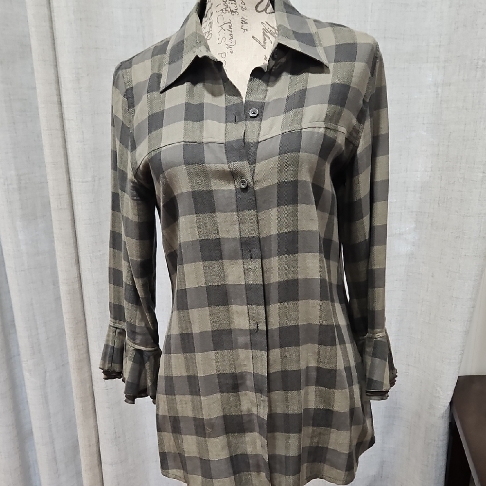 Alice + Olivia Olive and Charcoal Plaid Button Down Shirt